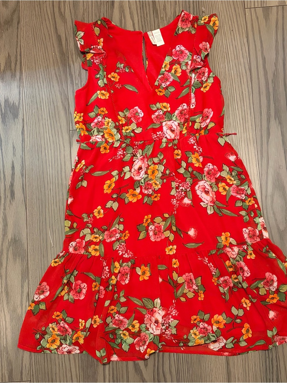 Japna Red Floral Tie-Waist Ruffle Dress